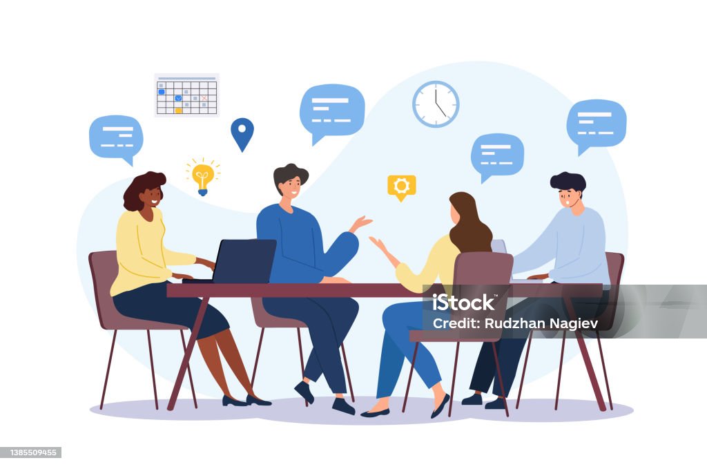 Four coworkers sit around a table in a meeting, sharing ideas with speech bubbles and floating icons such as a calendar and lightbulb.