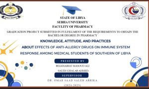 Title slide for a Libyan university thesis: 'Knowledge, Attitude, and Practices about Effects of Anti-Allergy Drugs on Immune System Response among Medical Students of Southern Libya'; Presented by Belkhairat Masoud Ali; Supervisor Dr. Omar Saad Saleh Abrika; 2024–2025; Sebha University, Faculty of Pharmacy (State of Libya) with university logos in corners.