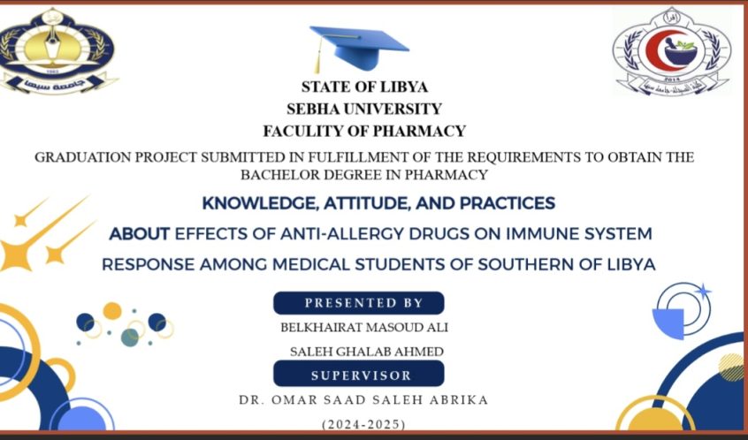 Title slide for a Libyan university thesis: 'Knowledge, Attitude, and Practices about Effects of Anti-Allergy Drugs on Immune System Response among Medical Students of Southern Libya'; Presented by Belkhairat Masoud Ali; Supervisor Dr. Omar Saad Saleh Abrika; 2024–2025; Sebha University, Faculty of Pharmacy (State of Libya) with university logos in corners.