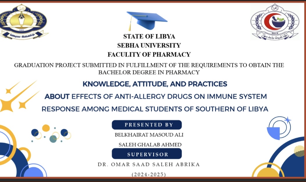 Title slide for a Libyan university thesis: 'Knowledge, Attitude, and Practices about Effects of Anti-Allergy Drugs on Immune System Response among Medical Students of Southern Libya'; Presented by Belkhairat Masoud Ali; Supervisor Dr. Omar Saad Saleh Abrika; 2024–2025; Sebha University, Faculty of Pharmacy (State of Libya) with university logos in corners.