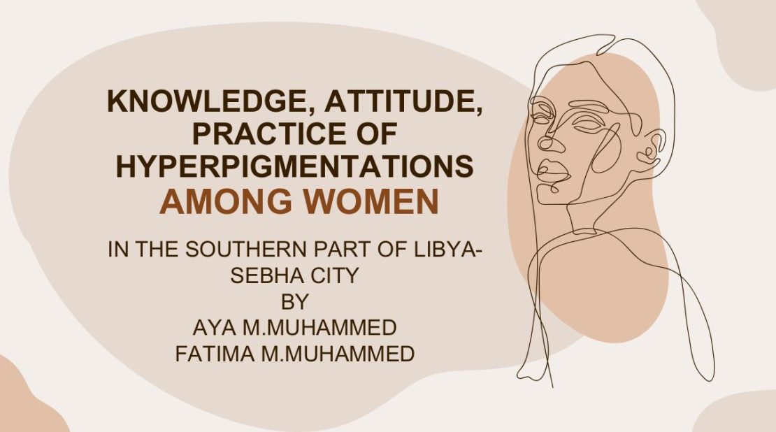 Poster on knowledge, attitude, and practice of hyperpigmentations among Libyan women; features abstract shapes and a line-drawn portrait of a woman.