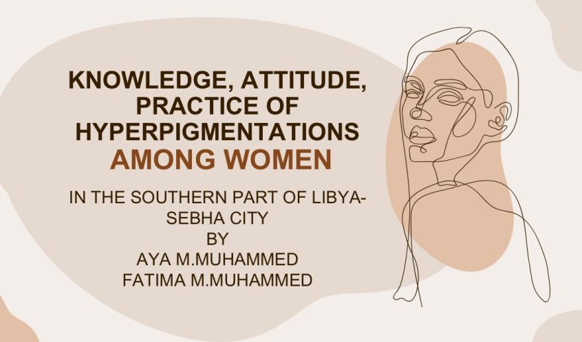 IMG-20260521-WA0022 - كلية الصيدلة - جامعة سبها Poster on knowledge, attitude, and practice of hyperpigmentations among Libyan women; features abstract shapes and a line-drawn portrait of a woman.