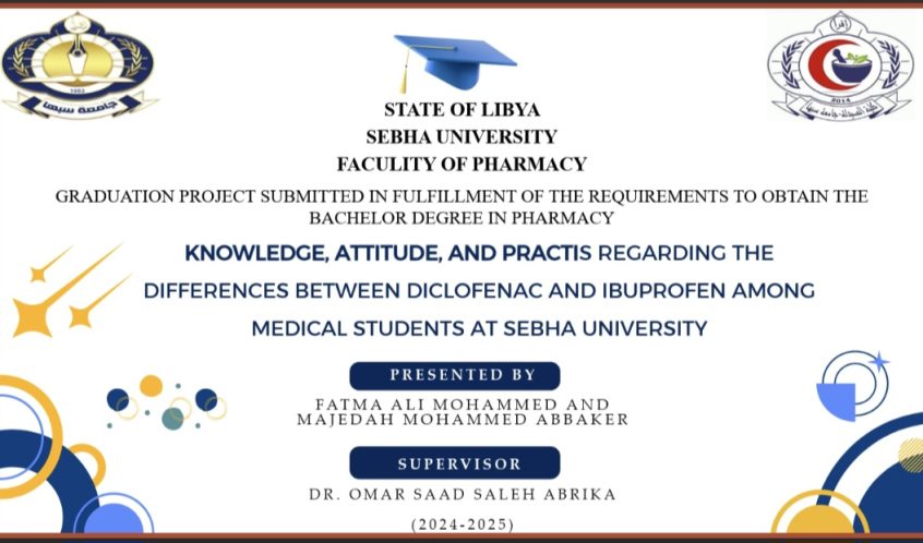 Cover page of a Libyan university pharmacy graduation project: logos, a blue mortarboard, and the title about knowledge, attitudes, and practices comparing diclofenac and ibuprofen among Sebha University medical students; presented by Fatma Ali Mohammed and Majedah Mohammed Abbak er, supervised by Dr. Omar Saad Saleh Abrika, 2024–2025.
