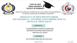 Graduation project title slide for Sebha University Faculty of Pharmacy, with logos on left and right, displaying the title and presenter/supervisor names.