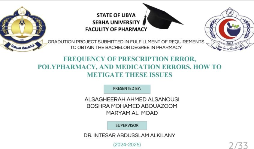 Graduation project title slide for Sebha University Faculty of Pharmacy, with logos on left and right, displaying the title and presenter/supervisor names.