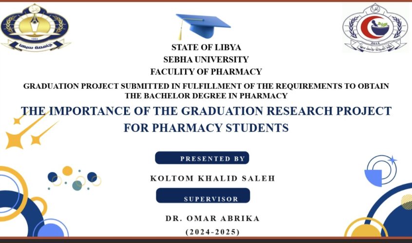 Screenshot_20260511_184234_PowerPoint - كلية الصيدلة - جامعة سبها Presentation slide: Libyan Sebha University, Faculty of Pharmacy, graduation research project title; presented by Koltom Khalid Saleh, supervised by Dr. Omar Abrika (2024–2025).