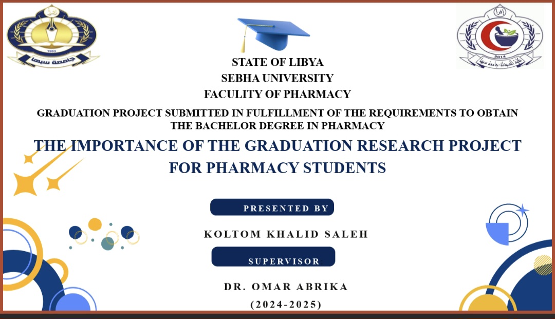 Presentation slide: Libyan Sebha University, Faculty of Pharmacy, graduation research project title; presented by Koltom Khalid Saleh, supervised by Dr. Omar Abrika (2024–2025).