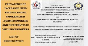 Presentation cover slide: orange left panel with the title about lipid profiles among smokers; Libyan university logos on the right and study subtitle
