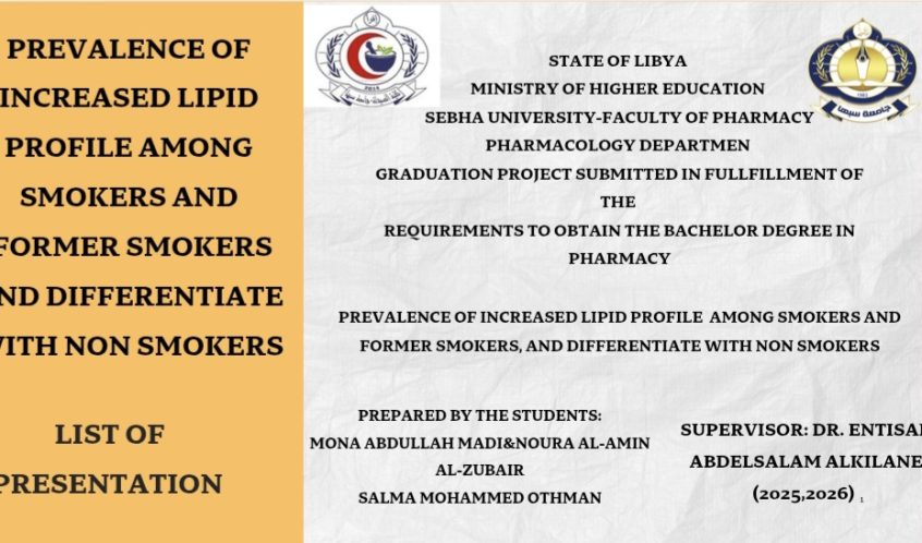 Screenshot_20260517_174751_Canva - كلية الصيدلة - جامعة سبها Presentation cover slide: orange left panel with the title about lipid profiles among smokers; Libyan university logos on the right and study subtitle