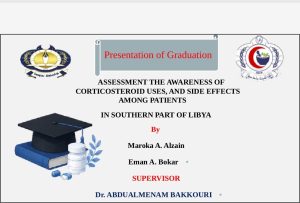 IMG-20260608-WA0003 - كلية الصيدلة - جامعة سبها Slide cover: Title 'Presentation of Graduation' with logos, a graduation cap, books and a pill bottle on the left; names and 'SUPERVISOR' listed in center-right; author Dr. Abdulmenam Bakkouri at bottom.