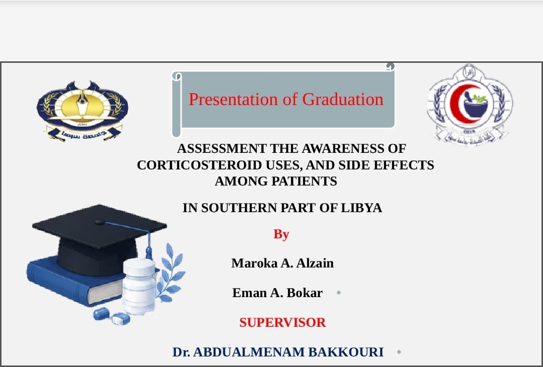 Slide cover: Title 'Presentation of Graduation' with logos, a graduation cap, books and a pill bottle on the left; names and 'SUPERVISOR' listed in center-right; author Dr. Abdulmenam Bakkouri at bottom.