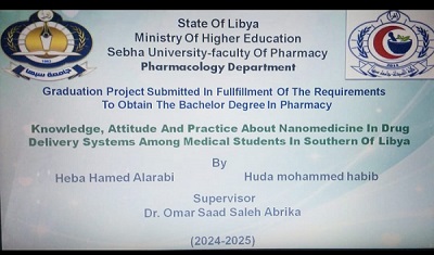 Graduation project banner for Sebha University, Libya, on nanomedicine in drug delivery systems; by Heba Hamed Alarabi, supervised by Dr. Omar Saad Saleh Abrika (2024–2025), with ministry and university logos.