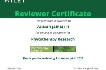 جامعة سبها : الأستاذة زينب جاب الله تحصل على شهادة شكر وتقدير لمشاركتها في تقييم أحد البحوث العلمية المقدمة للنشر في مجلة "Phototherapy Research" التابعة لوكالة النشر العالمية السفير.