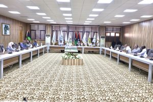 People sit around a U-shaped conference table in a formal meeting room with flags lined up along the back wall and a central flower arrangement on a low podium.
