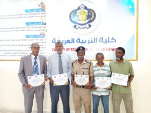 Five men stand side by side in front of a large banner, each holding a certificate.
