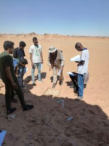 Group of researchers in a desert, examining a grid on the ground for an archaeological dig.