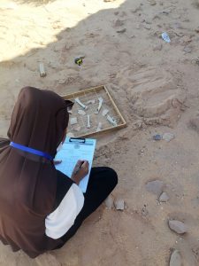 Archaeology student crouching in a sandy site, writing on a clipboard beside a bone layout grid with bone fragments.