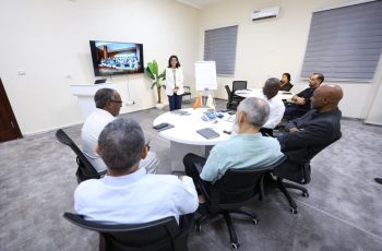 Presenter stands at the front of a bright conference room as a screen shows a slide while colleagues sit around a round table.