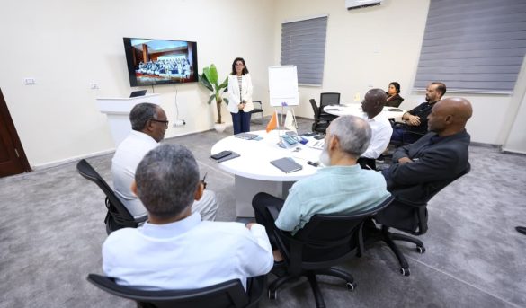 Presenter stands at the front of a bright conference room as a screen shows a slide while colleagues sit around a round table.