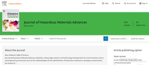 Journal banner for Journal of Hazardous Materials Advances with green header and cover image on the left and title center-left (Open access)