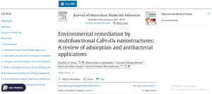 Journal article page showing the title on CaFe2O4 nanostructures and its adsorption/antibacterial applications in Journal of Hazardous Materials Advances.