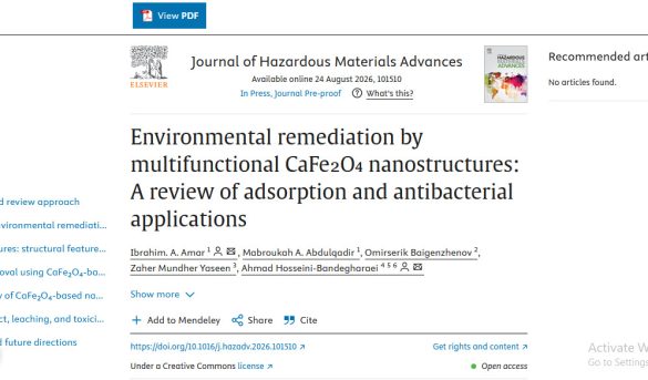 Journal article page showing the title on CaFe2O4 nanostructures and its adsorption/antibacterial applications in Journal of Hazardous Materials Advances.