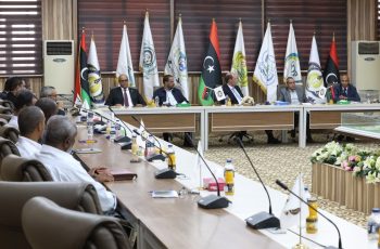 Formal diplomatic meeting in a flag-lined conference room, delegates seated around a long table with microphones and documents in front of them.