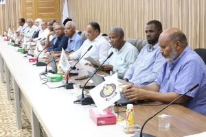Group of diverse officials seated along a long conference table with microphones and laptops in a formal meeting room.