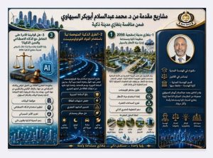 D9C8FA42-16C6-4770-8C1F-B5E292C53230 - جامعة سبها | Sebha University إنفوغراف عربي ثلاثي الأعمدة يشرح ثلاث محاور لمشاريع مدينة مستقبلية مع قائمة إجراءات وتفاصيل مختصرة.