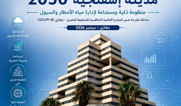 بوستر تعريفي بمبادرة جامعية: مدينة إسفنجية 2050 من جامعة سبها، مع مبنى حديث ونخيل وخلفية رقمية azulية.