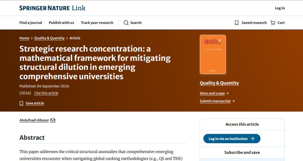 Article page header: title 'Strategic research concentration: a mathematical framework for mitigating structural dilution in emerging comprehensive universities' on Springer Nature site with brown hero band and right-side thumbnail image of the journal cover