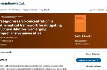 Article page header: title 'Strategic research concentration: a mathematical framework for mitigating structural dilution in emerging comprehensive universities' on Springer Nature site with brown hero band and right-side thumbnail image of the journal cover