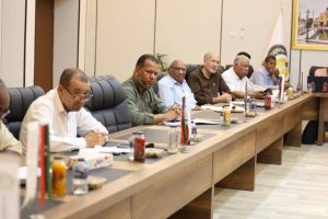 inbound2517241199446258289 - جامعة سبها | Sebha University Group of men seated at a long conference table in a meeting room, with notebooks, drinks, and small flags on the table.