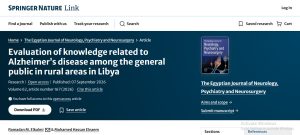 Article hero banner with title: 'Evaluation of knowledge related to Alzheimer’s disease among the general public in rural areas in Libya' and a journal cover image on the right sidebar