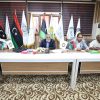 Panel of five men seated at a conference table with multiple national and organizational flags behind them.