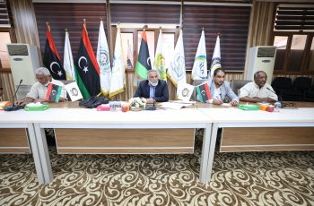 Panel of five men seated at a conference table with multiple national and organizational flags behind them.