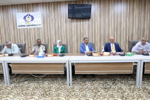 Six people sit at a long conference table in a university meeting room, with a Sebha University banner on a wood-paneled wall behind them.