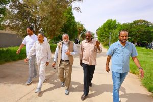 Five men walk together along a sunny park path, chatting as they stroll.