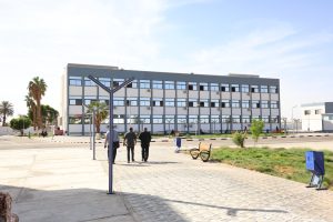 People walking toward a gray-blue office building in a sunny campus courtyard with palm trees and benches nearby.